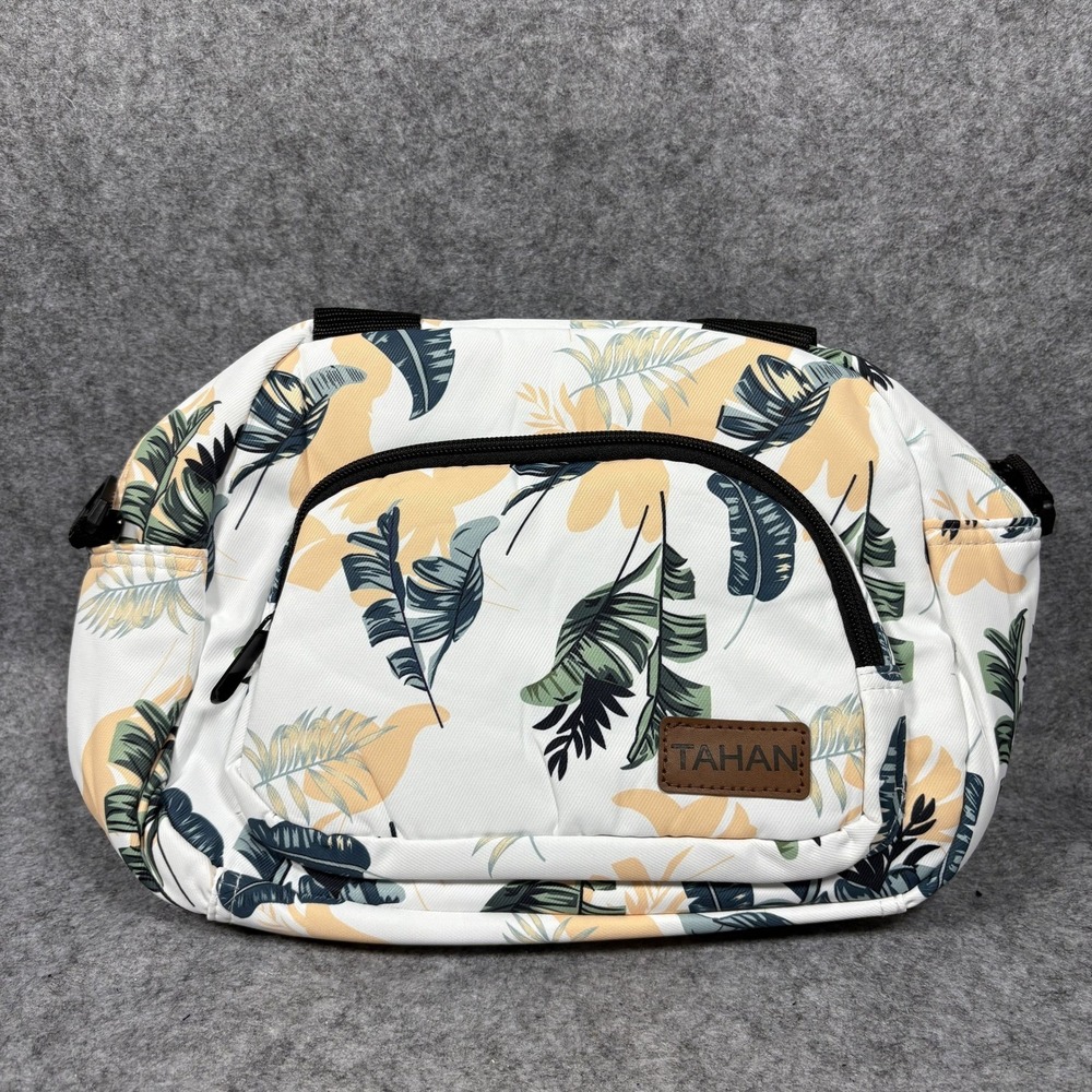 Tahan Tropical Leaf Insulated Lunch Bag Medium White Floral Crossbody Strap